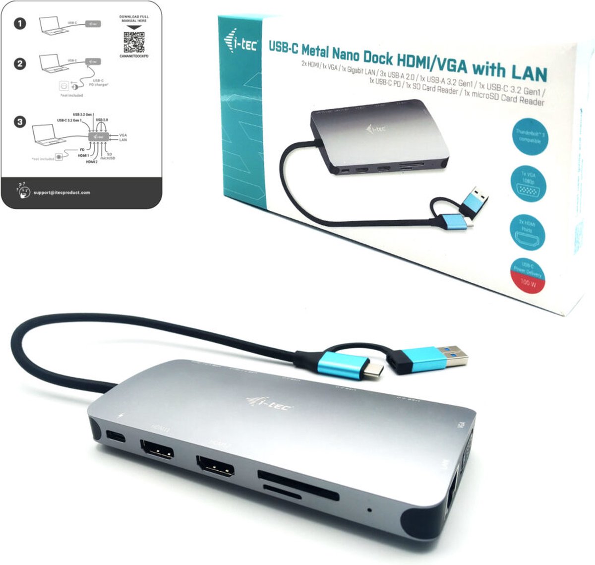 i-Tec USB-C Nano Dock 2x HDMI VGA Ethernet USB-A Kaartlezer USB-C Poort