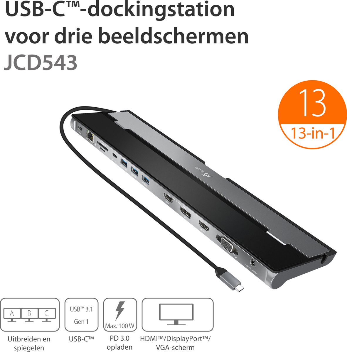 j5create JCD543-N USB-C Drievoudige Display Docking Station
