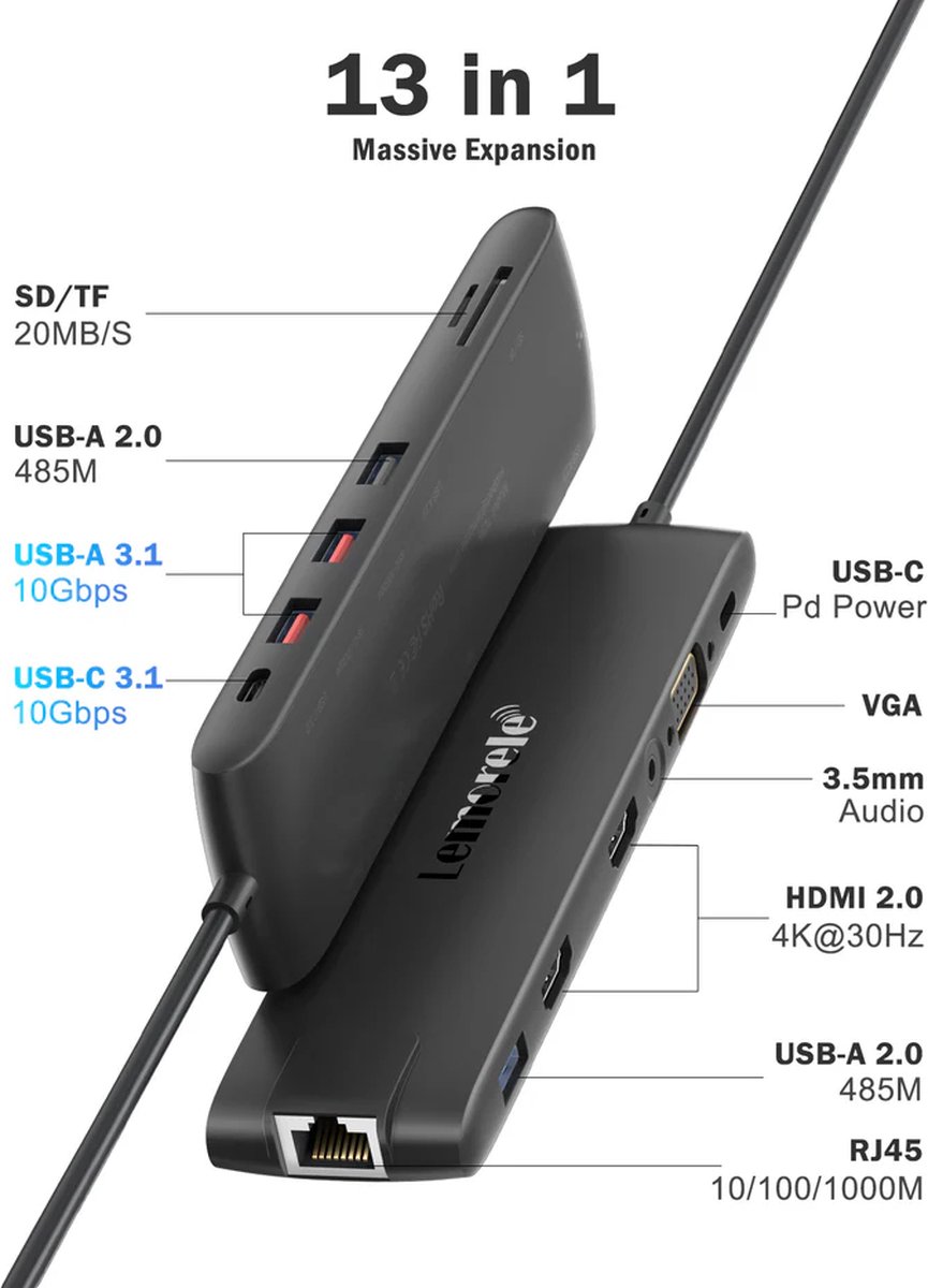 Lemorele TC96 USB-C 13-in-1 Docking Station