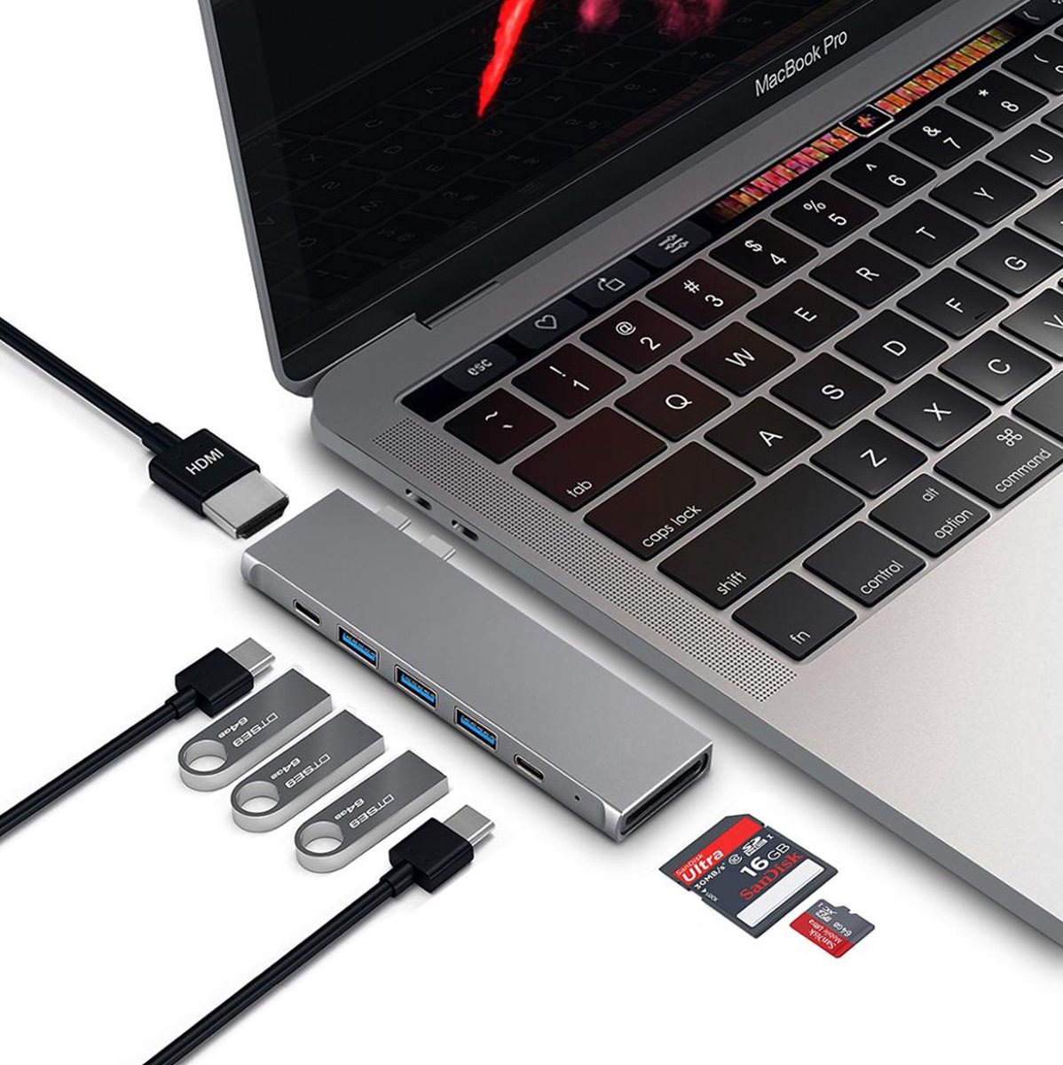 De M-TECK Macbook Dock Space Grey 1xHDMI 3xUSB-A Kaartlezer Thunderbolt USB-C in één oogopslag