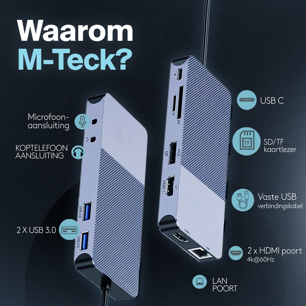 M-TECK USB-C Docking Station 3x4K HDMI DisplayPort Ethernet USB A MicroSD