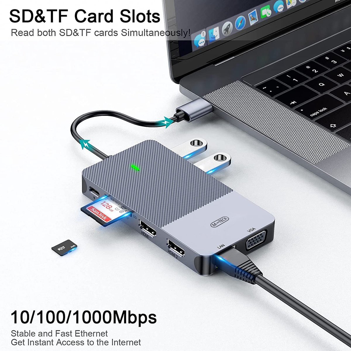 Wat vinden we goed aan de M-Teck USB-C Docking Station USB-A HDMI VGA Ethernet Kaartlezer Audio