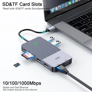 M-Teck USB-C Docking Station USB-A HDMI VGA Ethernet Kaartlezer Audio