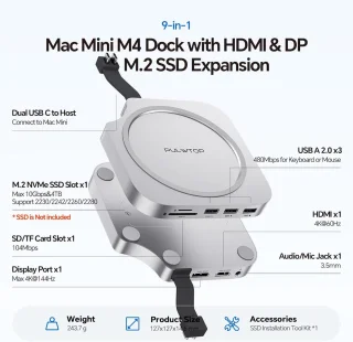 Mac mini dock met 2 monitoren DP 4K144Hz en HDMI 4K60Hz – USB-C hub voor Mac Mini M4 – ShopVlot