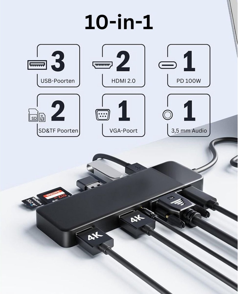MKSS® Docking Station Laptop 10-in-1 USB-C Dual HDMI Zwart