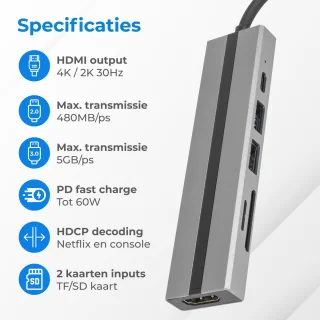 Nuvance USB C Hub 3.0 6-poorts Docking Station