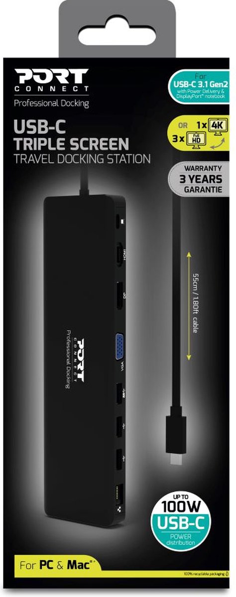 Port Connect Dockingstation 2x2K USB-C 11-poorts 100W zwart