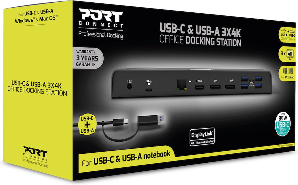 Port Connect Dockingstation USB-A & USB-C 85W Zwart
