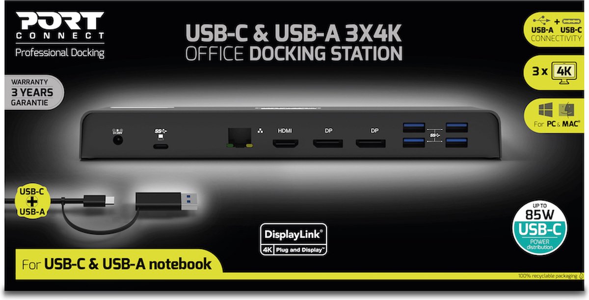 Port Connect Dockingstation USB-A & USB-C 85W Zwart