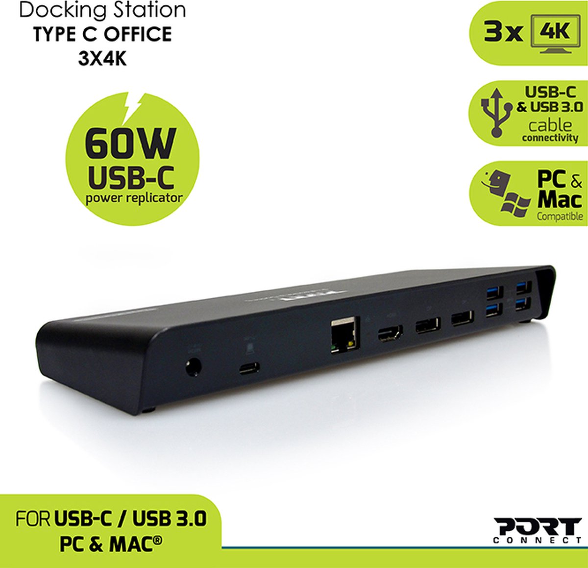 Port Connect Dockingstation USB-A & USB-C 85W Zwart