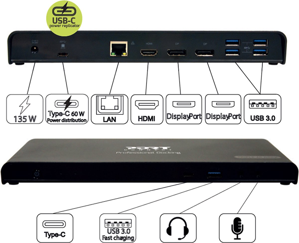 Port Connect Dockingstation USB-A & USB-C 85W Zwart