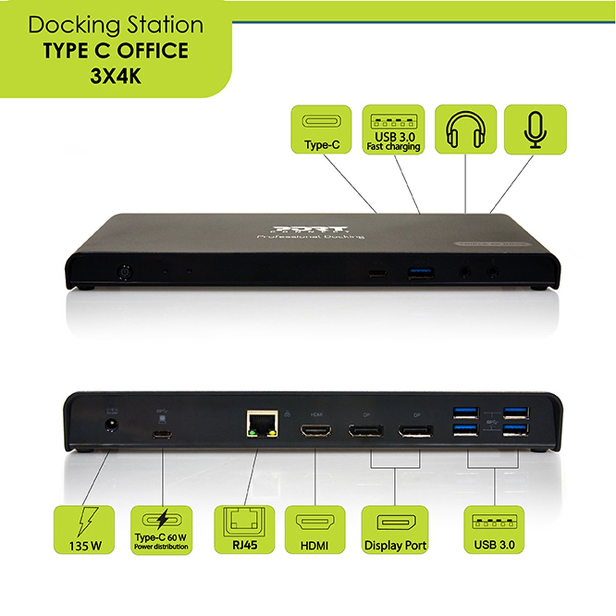 Port Connect Dockingstation USB-A & USB-C 85W Zwart