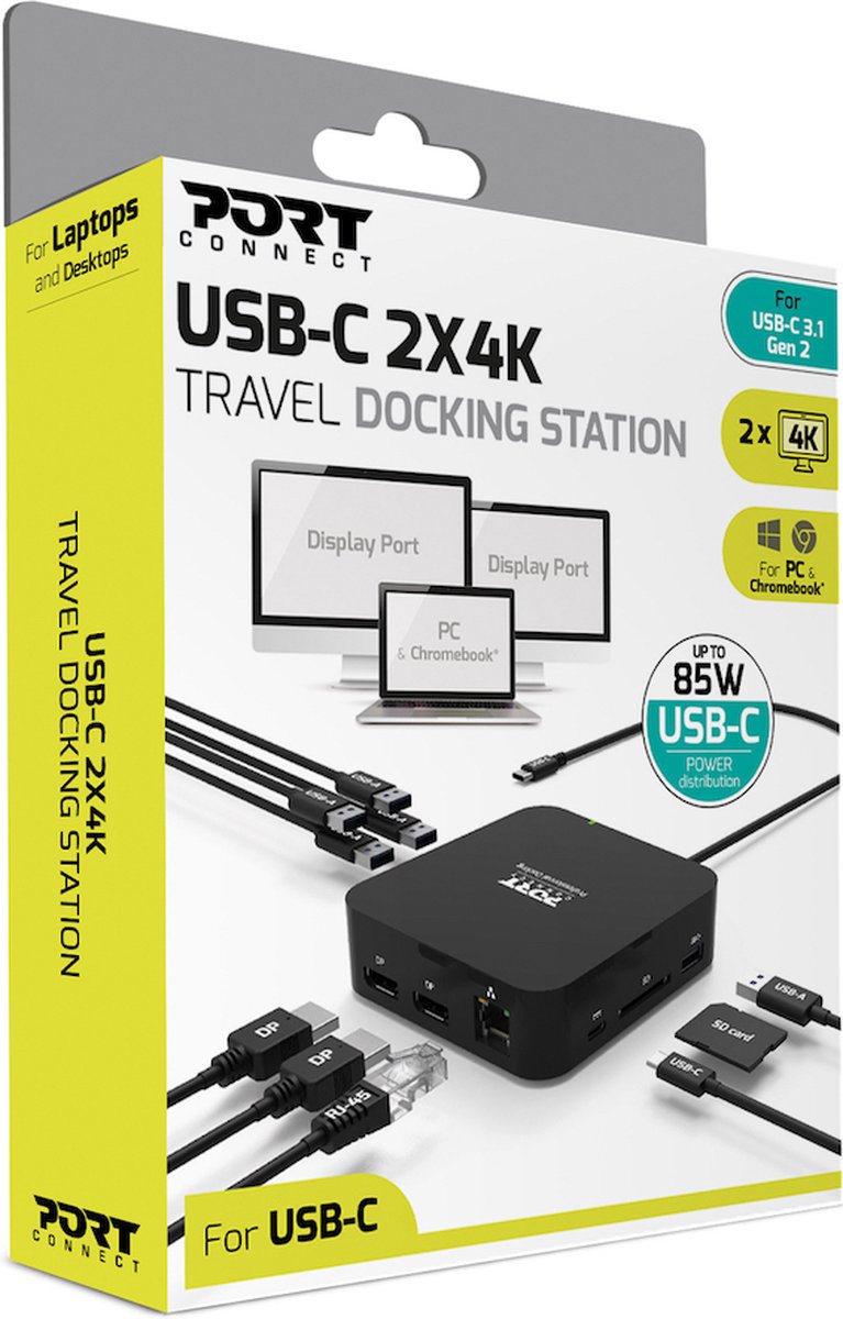 Port Connect Dockingstation USB-C 2x4K 9-poorts 85W Zwart