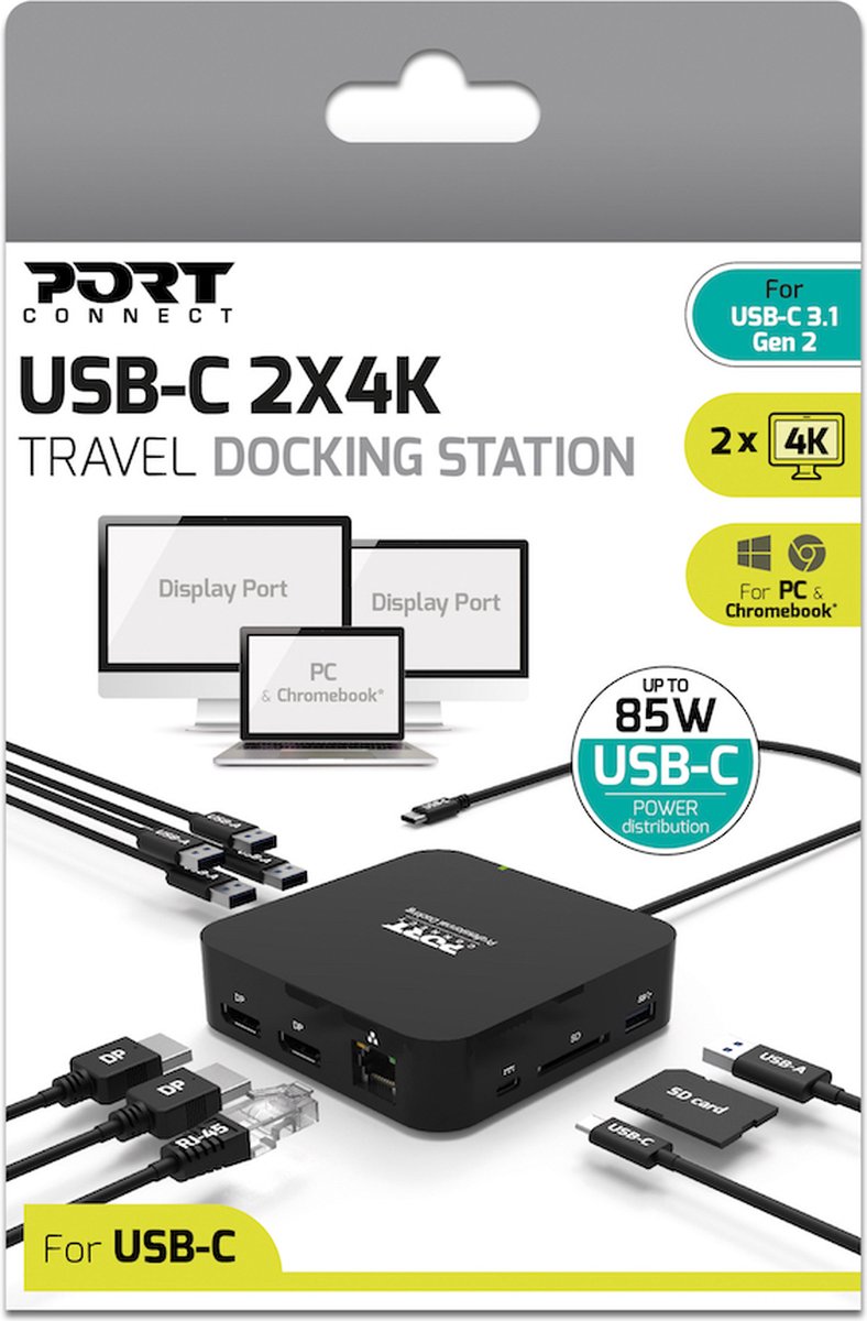 Port Connect Dockingstation USB-C 2x4K 9-poorts 85W Zwart