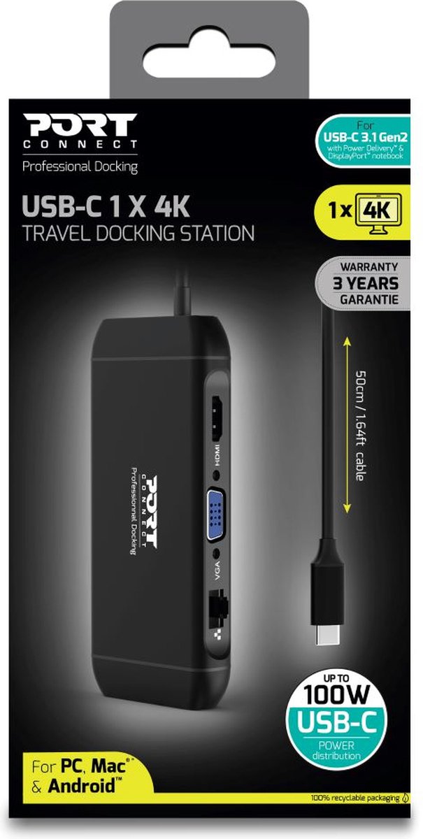 Port Connect Dockingstation USB-C 4K 7-poorts 100W Zwart