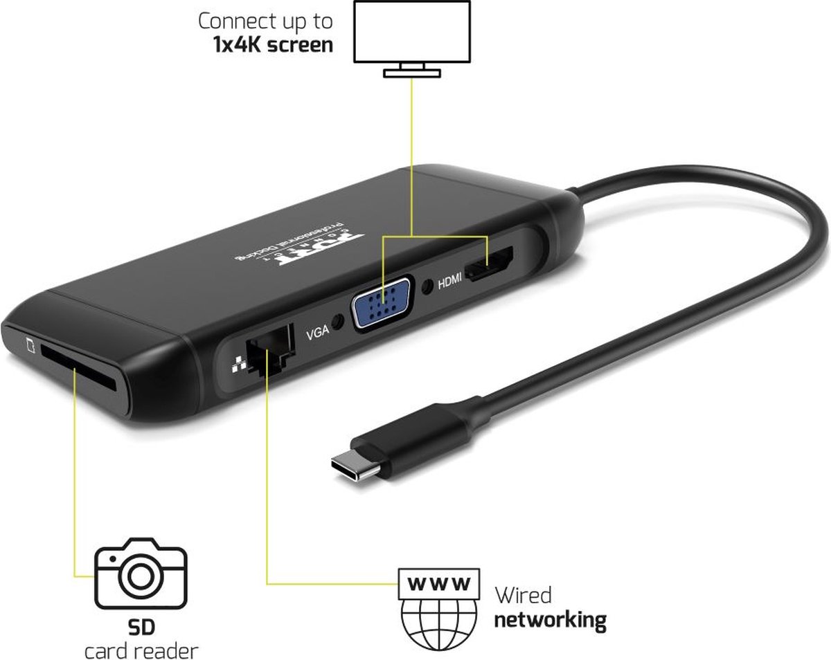 Port Connect Dockingstation USB-C 4K 7-poorts 100W Zwart