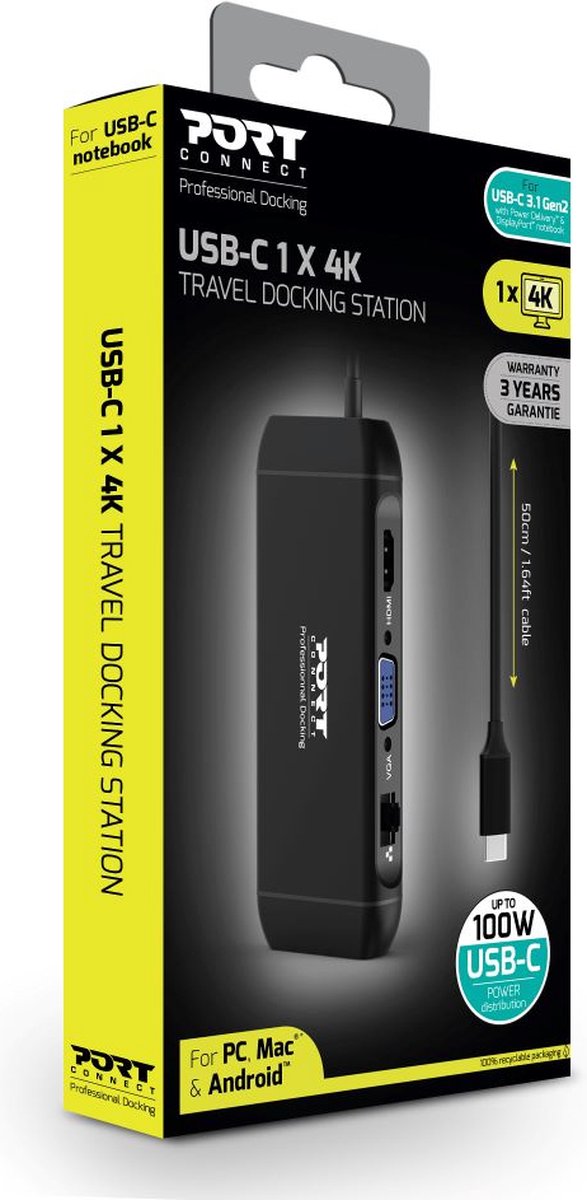 Port Connect Dockingstation USB-C 4K 7-poorts 100W Zwart