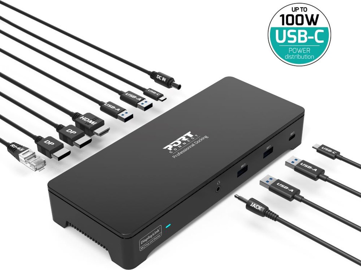 Port Connect Dockingstation USB-C & USB-A 3x4K 100W Zwart