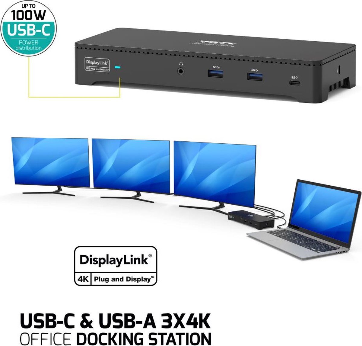 Port Connect Dockingstation USB-C & USB-A 3x4K 100W Zwart
