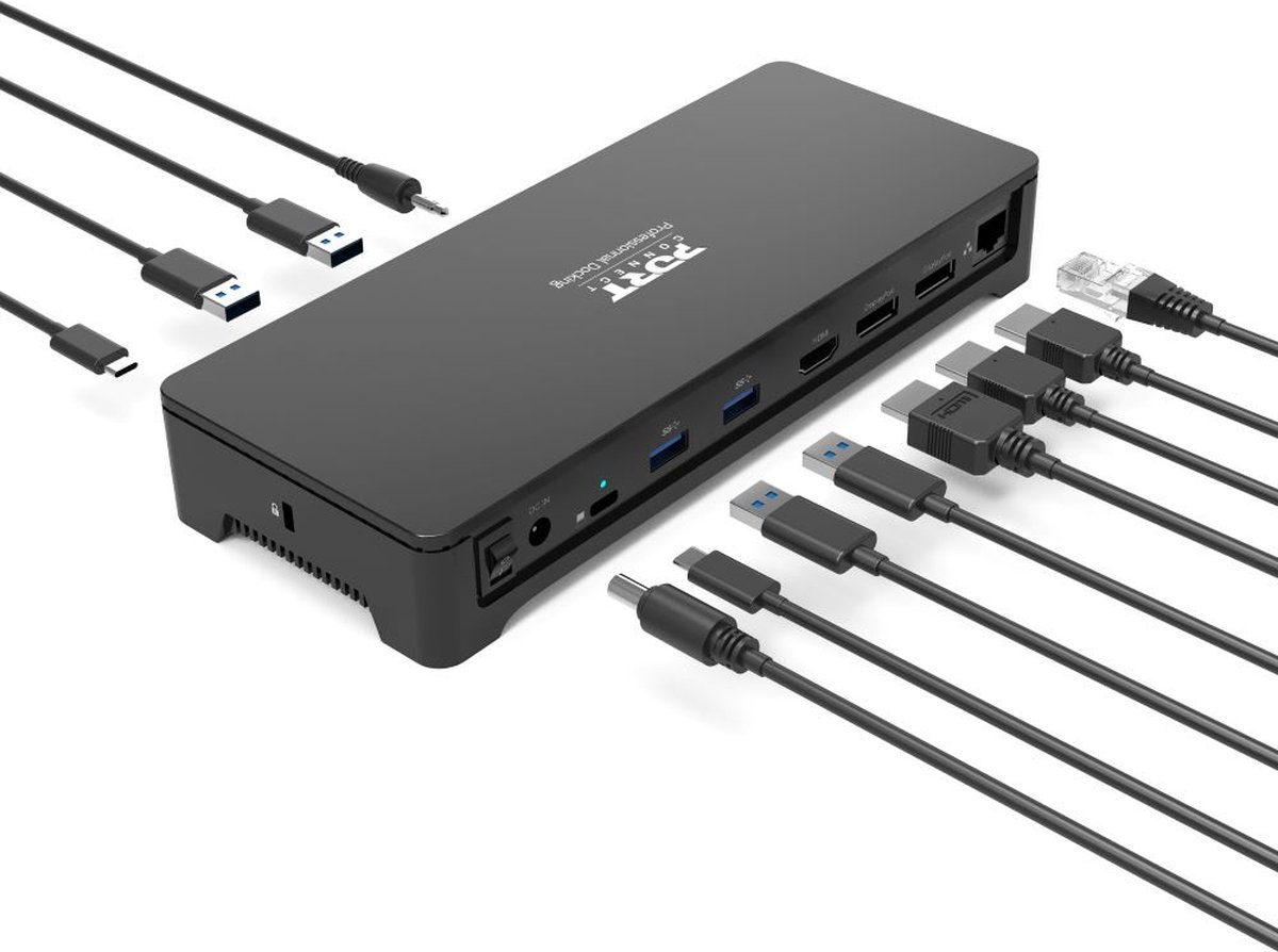 Port Connect Dockingstation USB-C & USB-A 3x4K 100W Zwart