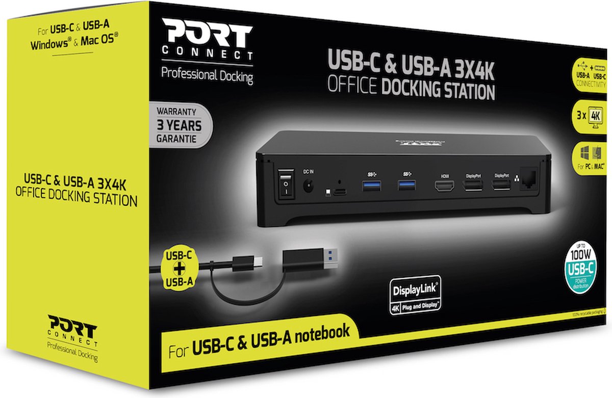 Port Connect Dockingstation USB-C & USB-A 3x4K 100W Zwart