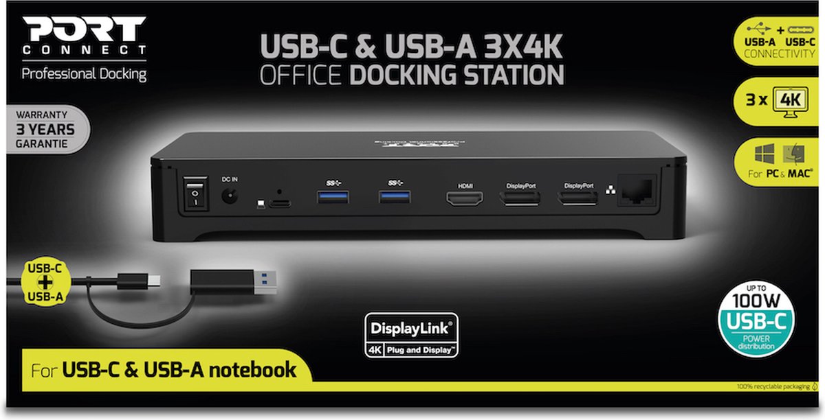 Port Connect Dockingstation USB-C & USB-A 3x4K 100W Zwart