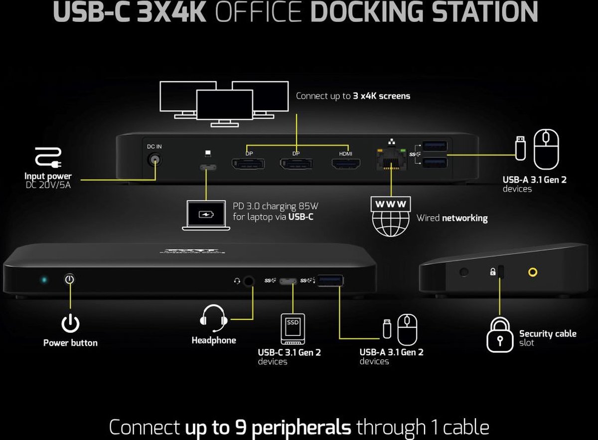Port Connect USB-C Docking Station 3x4K EU Zwart
