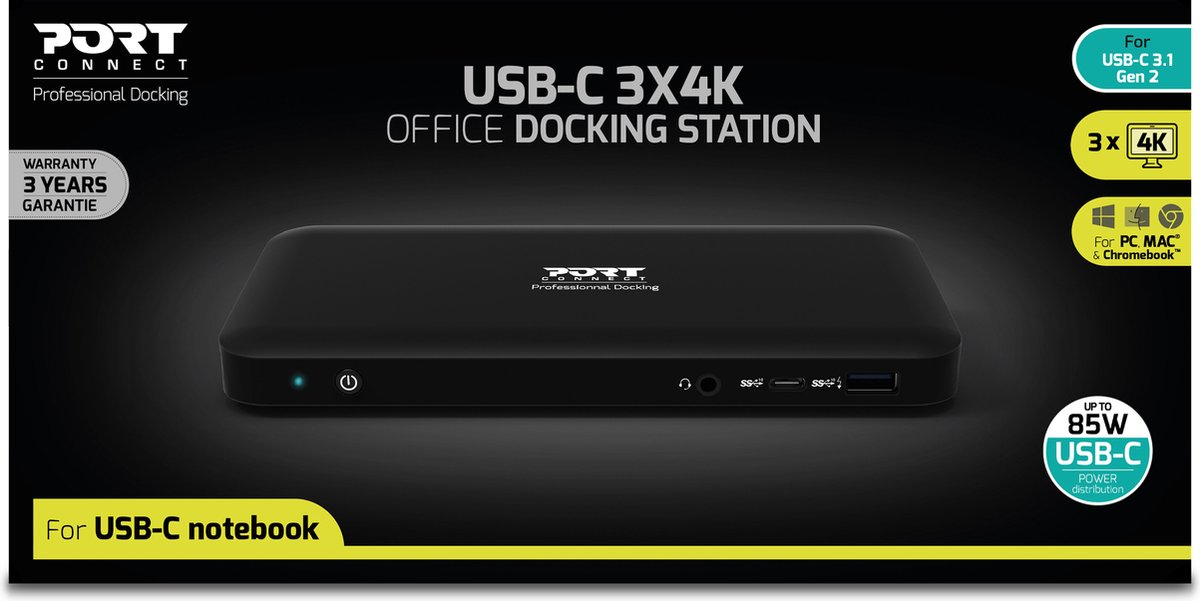 Port Connect USB-C Docking Station 3x4K EU Zwart