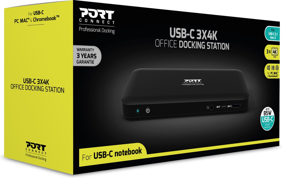 Port Connect USB-C Docking Station 3x4K EU Zwart