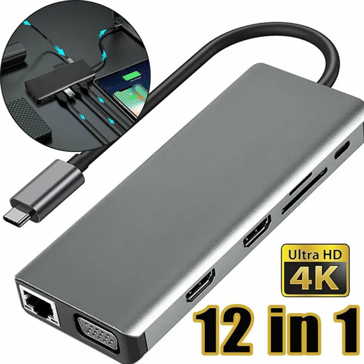 De Premium USB-C Docking Station 12-in-1 Space Grey in één oogopslag