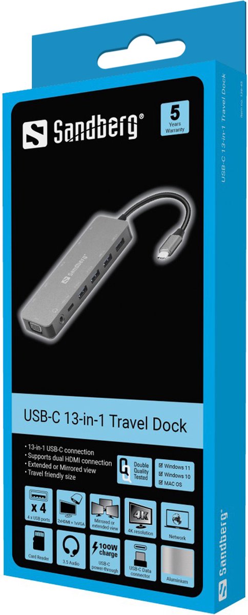 Sandberg 136-45 USB-C 13-in-1 Travel Dock Grijs