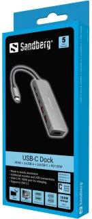 Sandberg USB-C Dock Bedraad USB 3.2 Gen 1 (Type-C) Aluminium