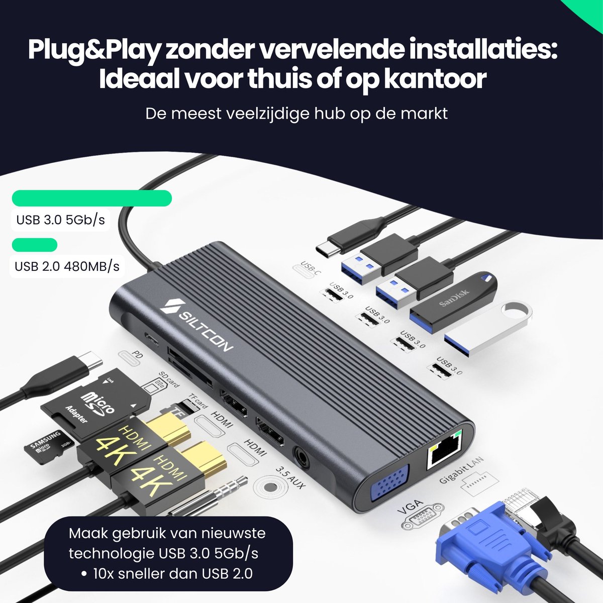 Siltcon 13-in-1 USB C Hub Docking Station Spacegrey