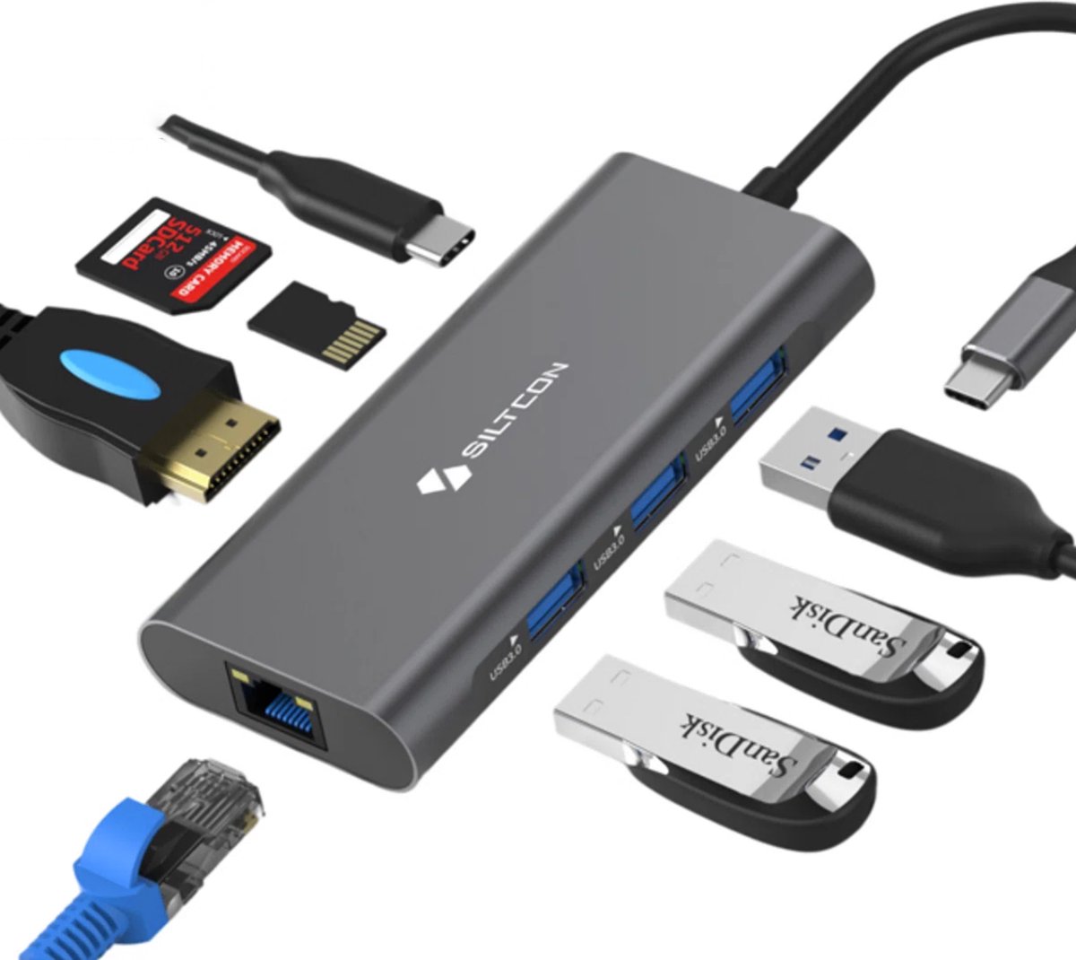Siltcon USB C Hub 8-in-1 Docking Station Spacegrey
