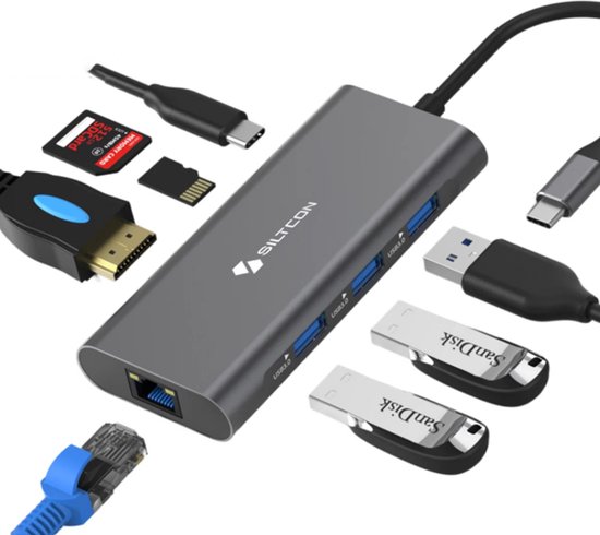 Siltcon USB C Hub 8-in-1 Docking Station Spacegrey