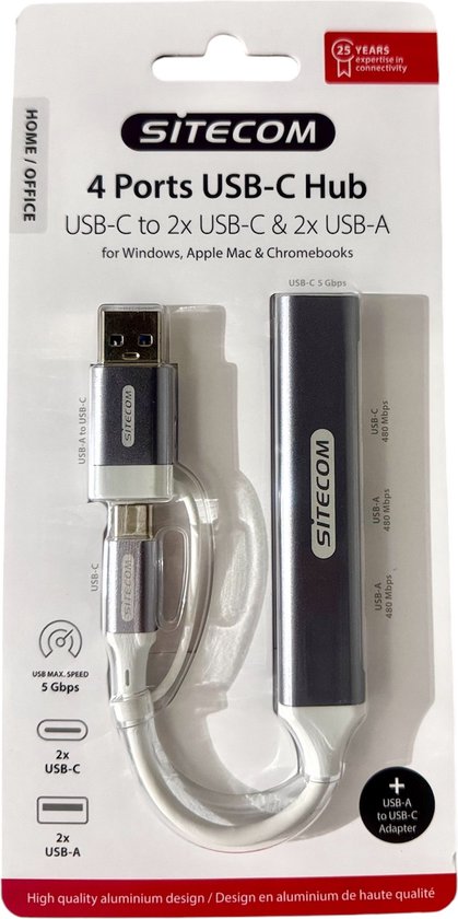 Sitecom USB-C Hub 4-poorts USB-C naar USB-C & USB-A