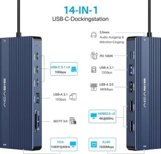 SnelShoppen docking station USB C 14-in-1 voor laptop