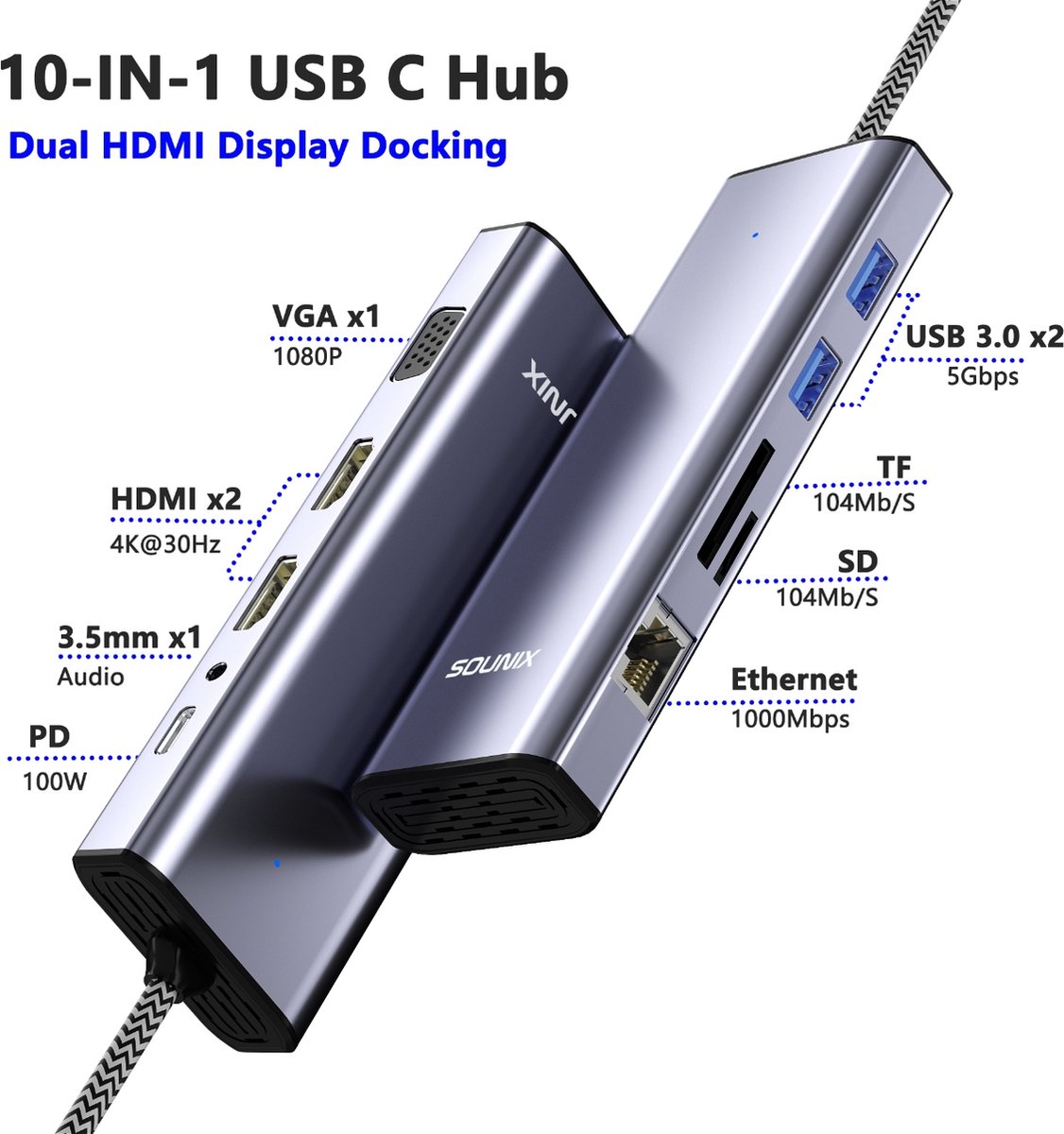 Sounix USB C Docking Station 10-in-1 Grijs