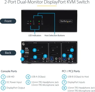 StarTech.com P2DD46A2-KVM-Switch 2-Port Dual-Monitor DisplayPort 4K 60Hz