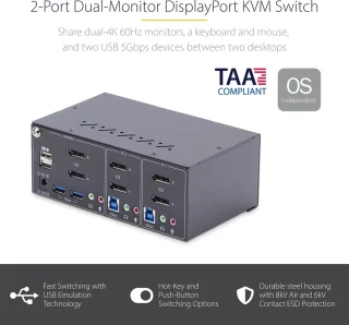 StarTech.com P2DD46A2-KVM-Switch 2-Port Dual-Monitor DisplayPort 4K 60Hz