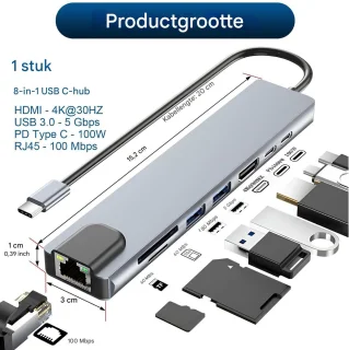 Strex 8-in-1 USB-C Hub Docking Station - Zwart