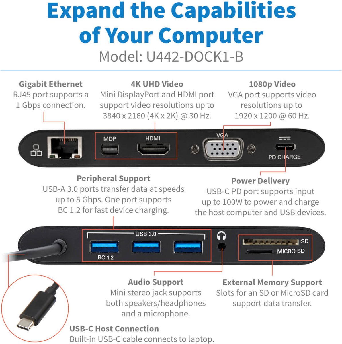Tripp-Lite U442-DOCK1-B USB-C Laptop Docking Station Black