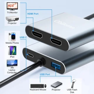 Type C Adapter - HDMI Splitter - Dubbele Monitor - 4K 60Hz - 4-in-1 - Grijs
