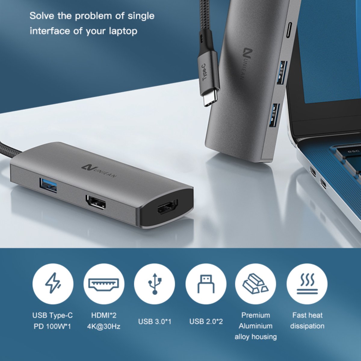 Uniean 6-in-1 USB-C Hub Docking Station