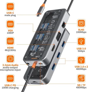 Universeel 10-in-1 USB-C Dockingstation, grijs