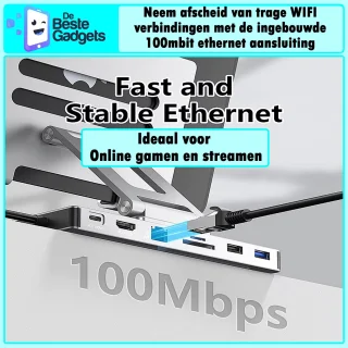 Universele 7-in-1 USB-C Docking Station met Tabletstandaard – Aluminium Hub voor Laptop, MacBook & Tablets