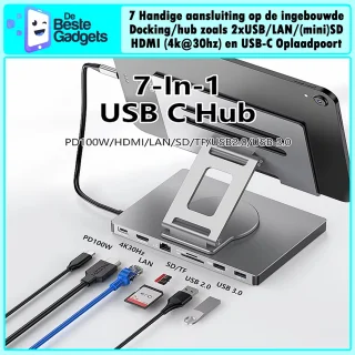 Universele 7-in-1 USB-C Docking Station met Tabletstandaard – Aluminium Hub voor Laptop, MacBook & Tablets