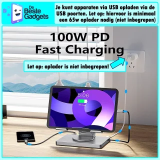 Universele 7-in-1 USB-C Docking Station met Tabletstandaard – Aluminium Hub voor Laptop, MacBook & Tablets