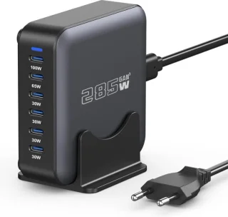USB-C 285W-oplader met 6 poorten, geschikt voor MacBook, iPhone en Galaxy