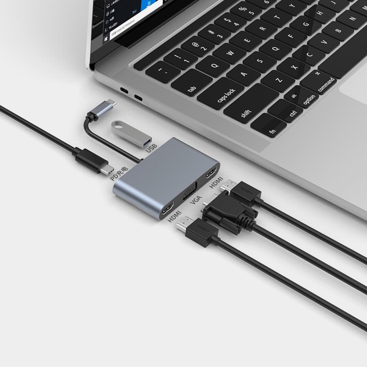 USB-C Adapter naar 2x HDMI en VGA met Oplaadpoort voor Laptop en MacBook